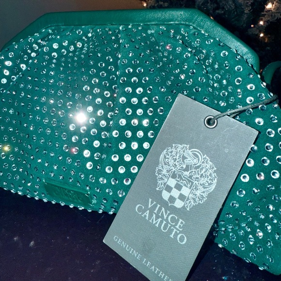 Dark Green Vince Camuto Genuine Leather Rhinestone Studded Crossbody Bag NWT - Picture 3 of 17